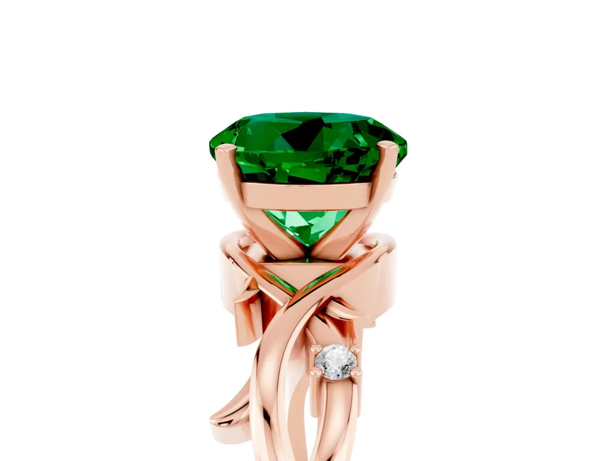Round Cut Emerald Solitaire Ring with Twisted Band and Prong Setting Rose gold