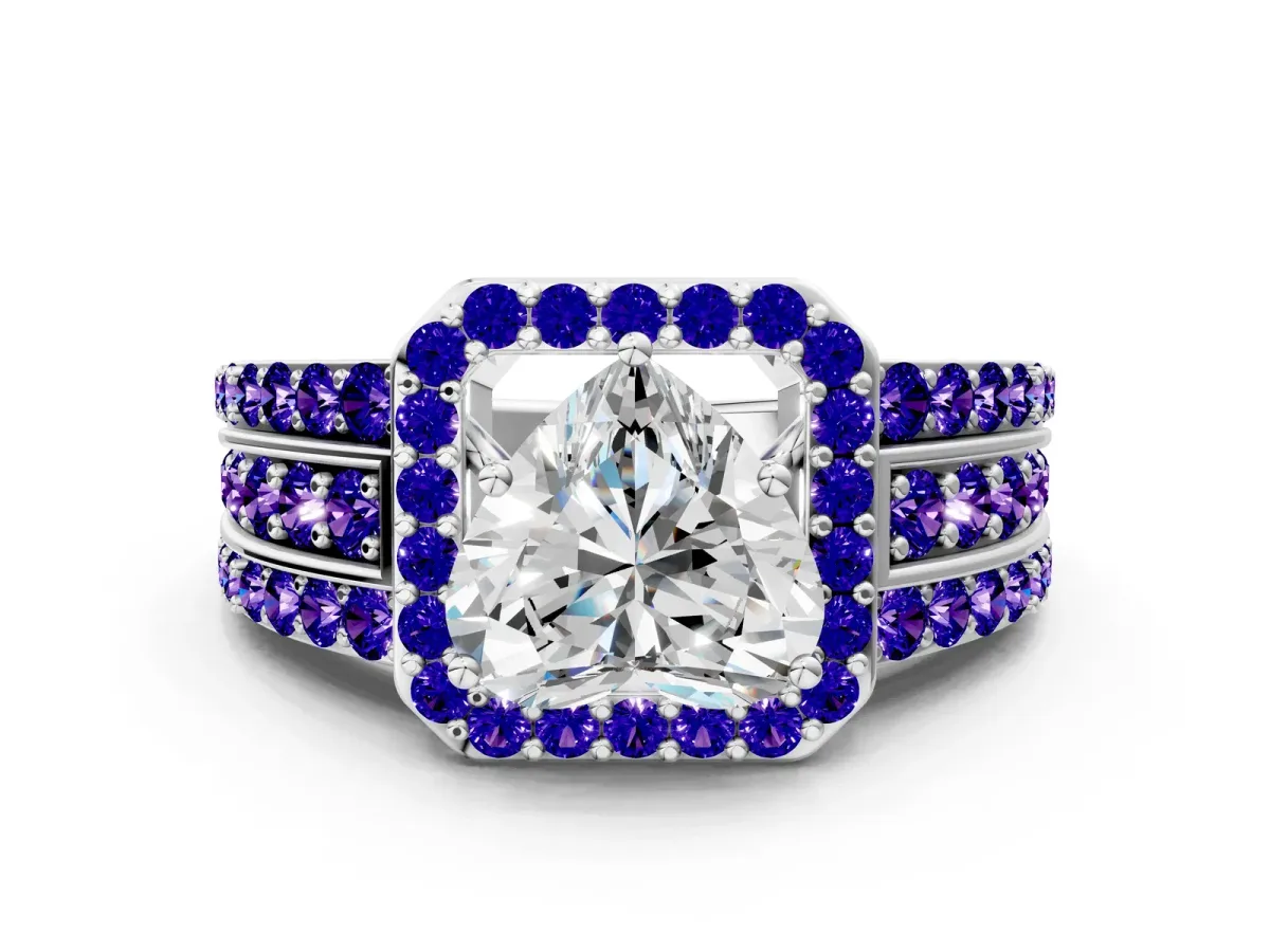 Heart Cut Halo Diamond Ring with Round Tanzanite Split Shank and Prong Setting Silver