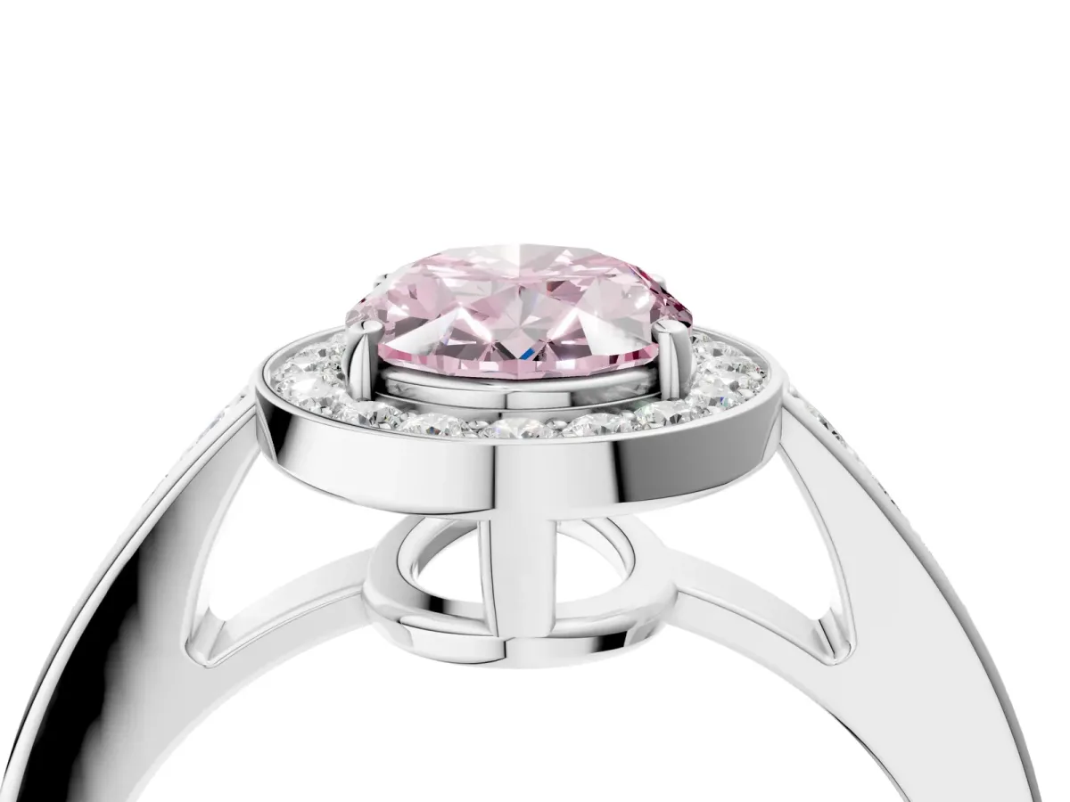 Fancy Pink Oval Cut Halo Pavé Diamond Engagement Ring with Bezel Setting Silver