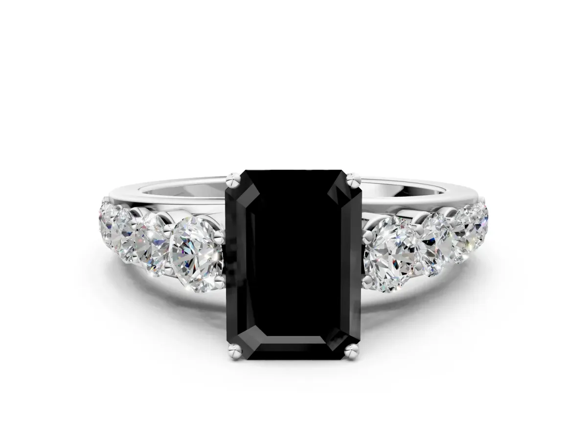Fancy Black Emerald Cut Brilliant Diamond Pavé Band with Six-Prong Setting Silver