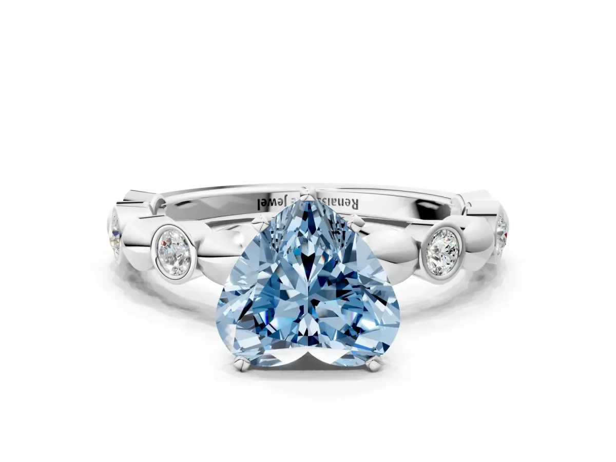 Fancy Blue Heart Cut Solitaire Bezel-Set Diamond Ring with Beaded Band and Four-Prong Setting Silver