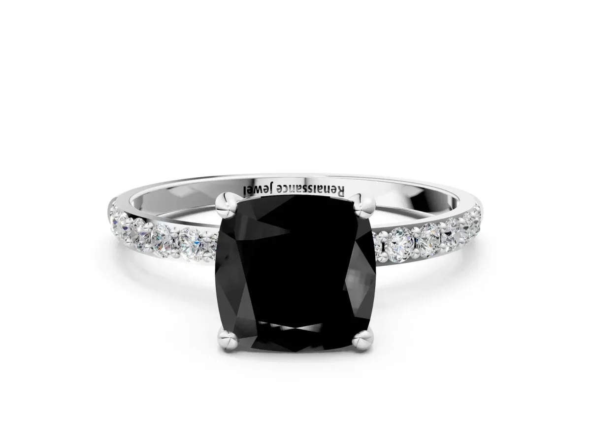 Fancy Black Cushion Cut Diamond Solitaire Ring with Round Pavé Band and Prong Setting Silver