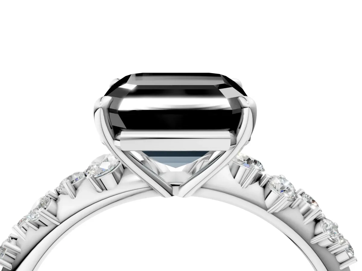 Fancy Black Asscher Cut Diamond Cluster Side Stone Solitaire Ring with Prong Setting Platinum