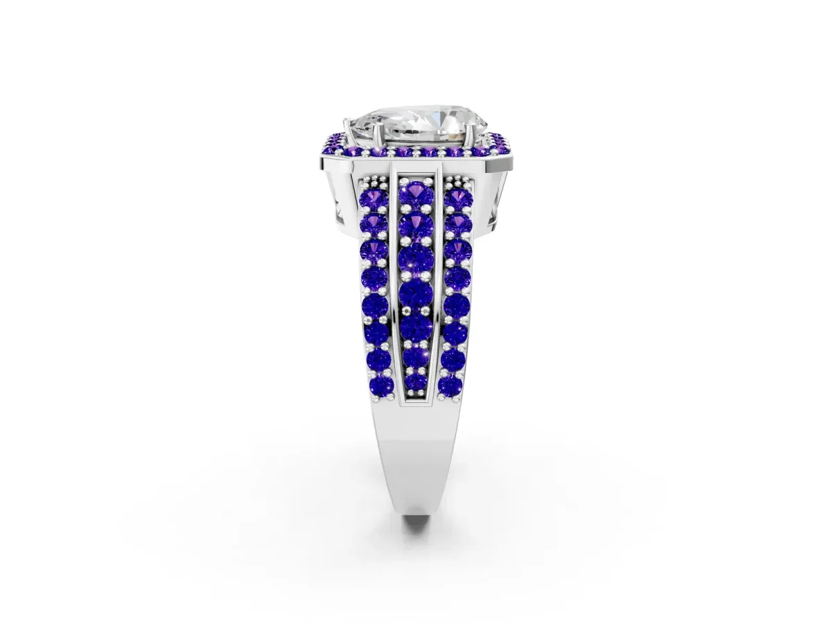 Pear Cut Halo Diamond Ring with Round Tanzanite Split Shank and Prong Setting Platinum
