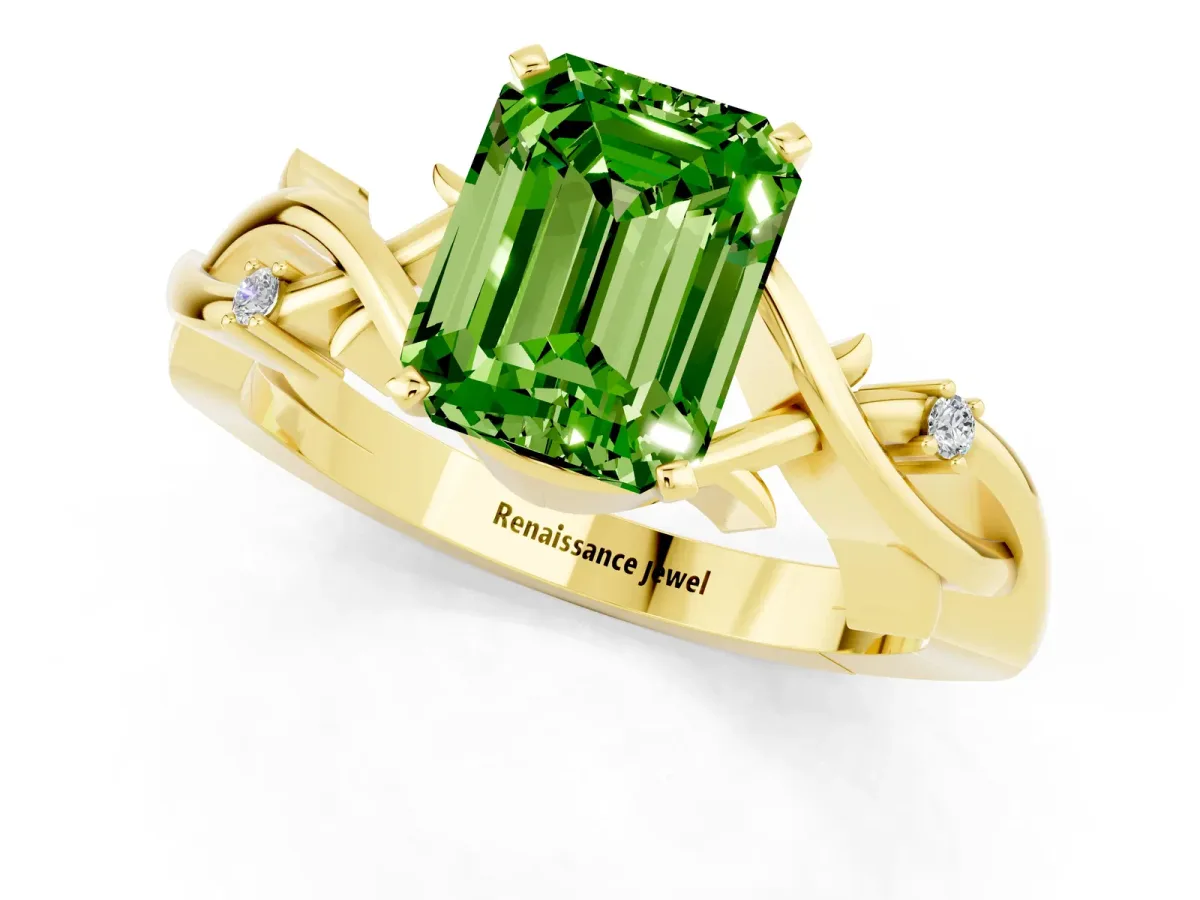 Emerald Cut Peridot Solitaire Ring with Twisted Band and Prong Setting Yellow gold