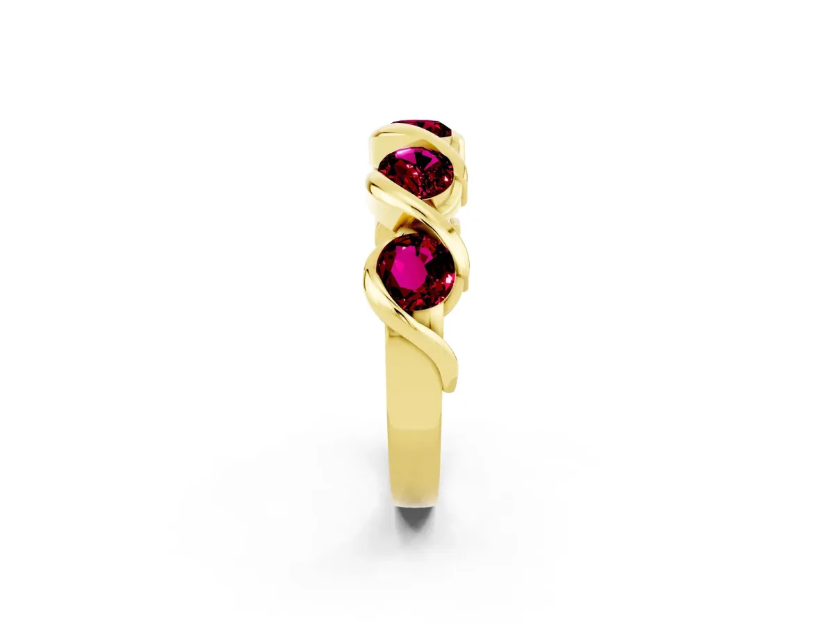 Round Garnet Wave Band with Channel Setting and Shared Prongs Yellow gold