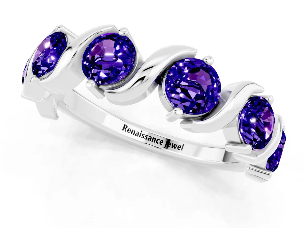 Six-Stone Round Tanzanite Wave Band with Shared Prong Setting Silver