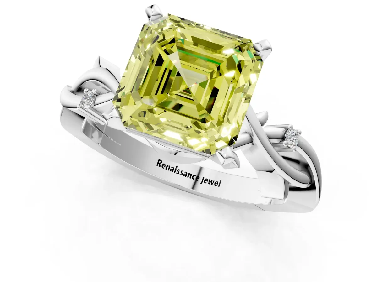 Fancy Yellow Asscher Cut Diamond Solitaire Ring with Twisted Band and Prong Setting Silver