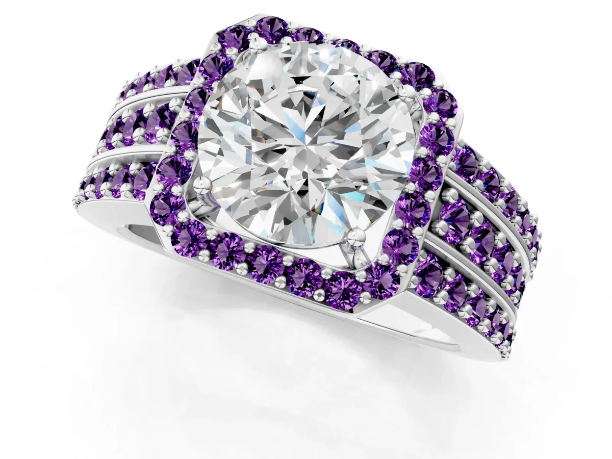 Round Cut Halo Diamond Ring with Round Amethyst Split Shank and Prong Setting Platinum
