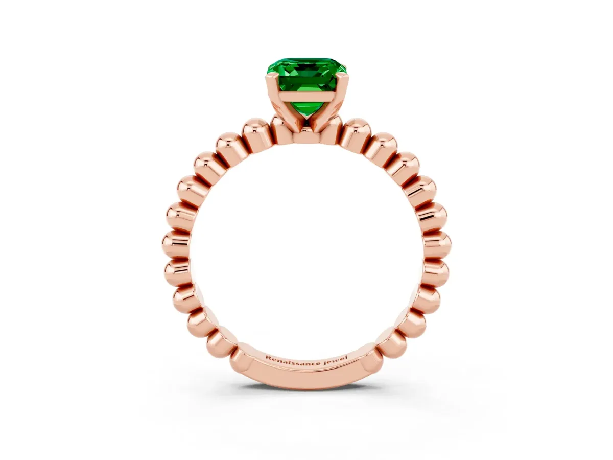 Emerald Cut Emerald Solitaire Ring with Beaded Band and Prong Setting Rose gold