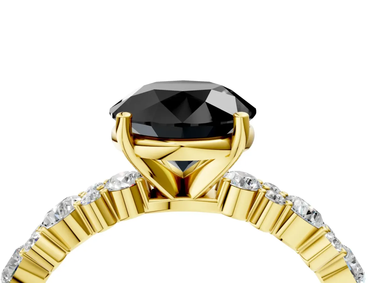 Fancy Black Round Cut Diamond Side Stone Solitaire Ring with Round and Four-Prong Setting Yellow gold