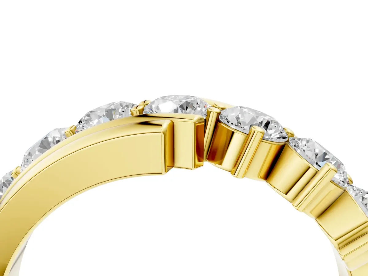 Round Diamond Wave Band with Channel and Shared Prong Setting Yellow gold