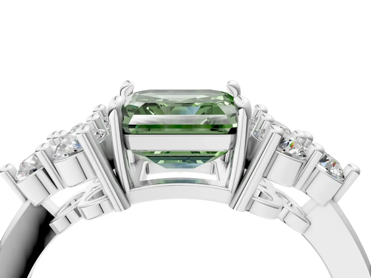 Fancy Green Asscher Cut Brilliant Diamond Cluster Accent Solitaire Ring with Prong Setting Platinum