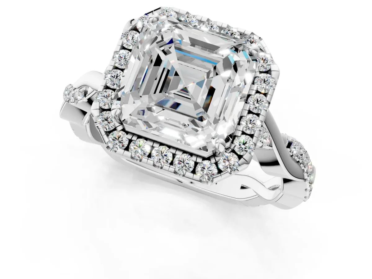 Asscher Cut Halo Twist Band Solitaire Ring Platinum