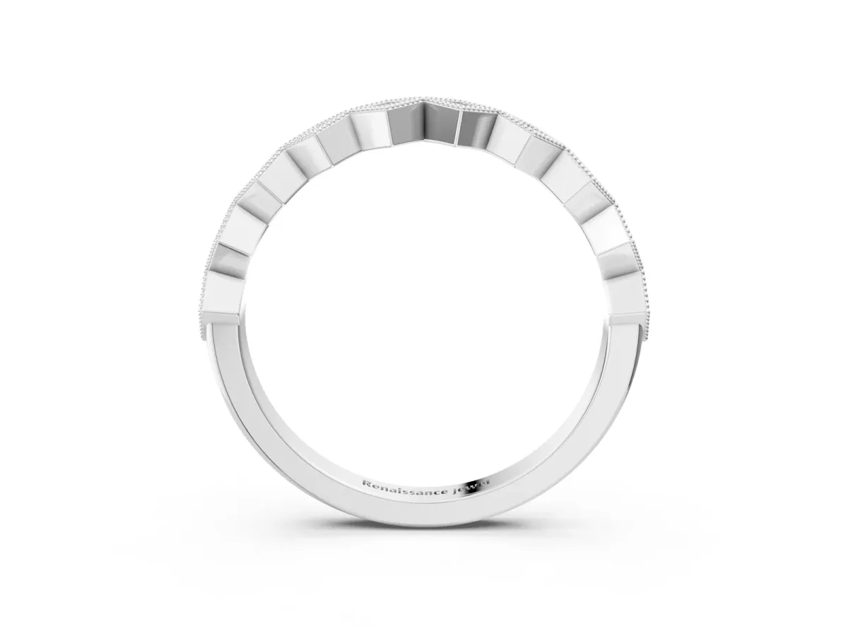 Milgrain Diamond Geometric Stackable Band with Round Cut Stones and Bezel Setting White gold