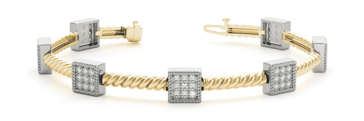 Square Pave Diamond Rope Bracelet with Box Clasp Yellow gold