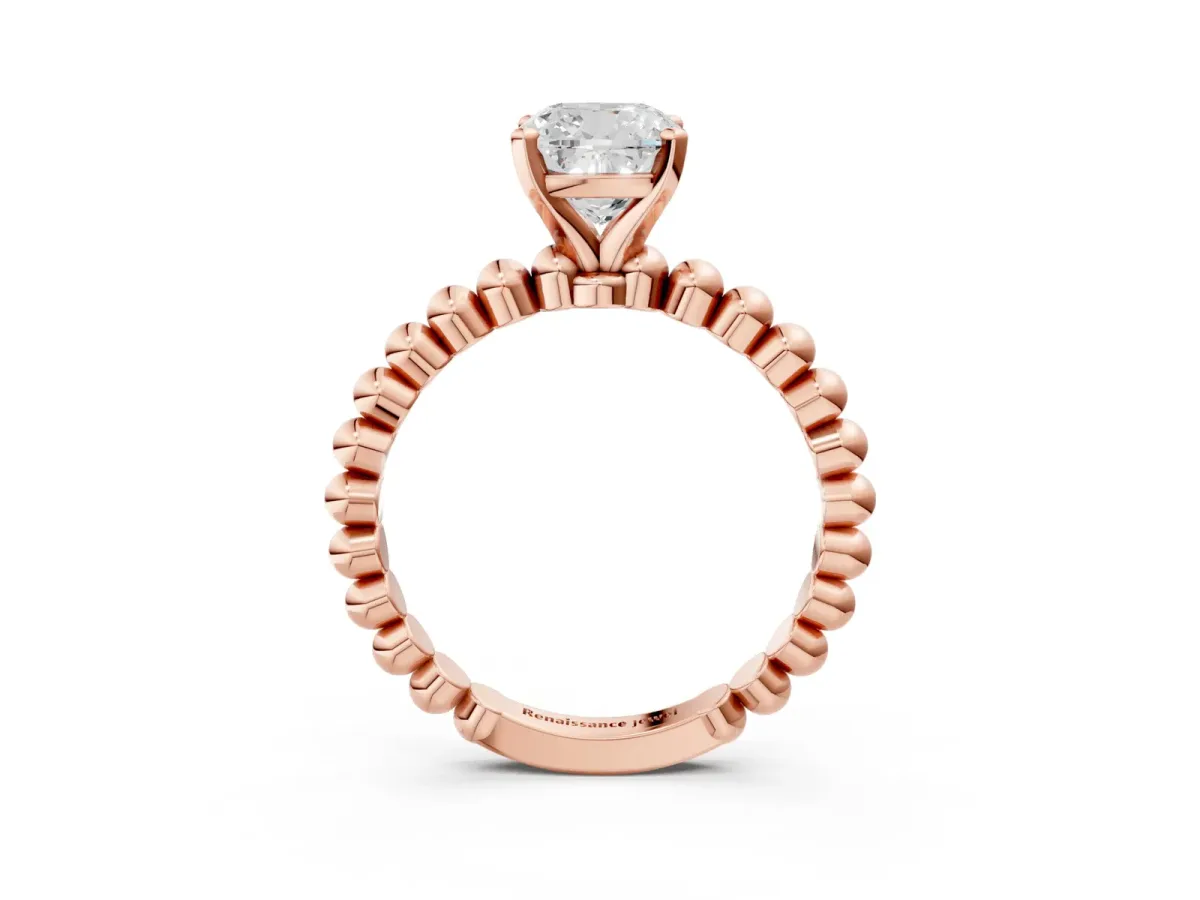 Cushion Cut Diamond Solitaire Ring with Beaded Band and Prong Setting Rose gold