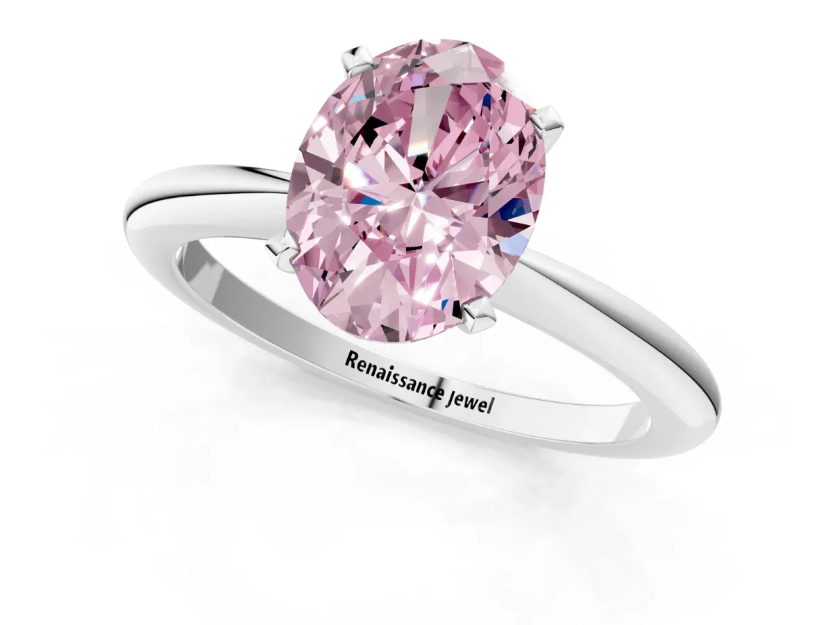 Fancy Pink Oval Cut Diamond Solitaire Ring with Six-Prong Setting and Classic Band Silver