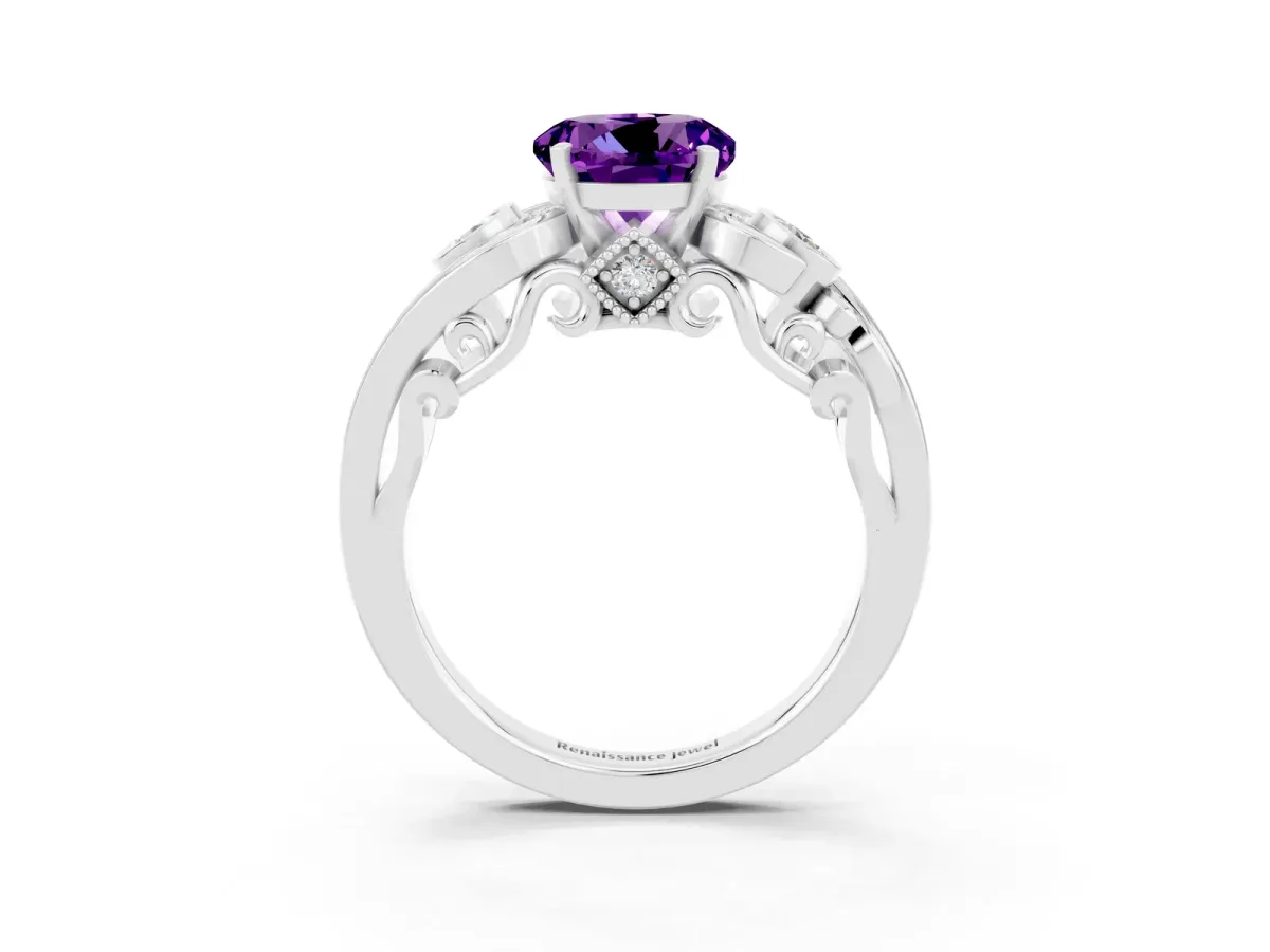 Round Cut Amethyst Solitaire Ring with Milgrain Pavé Band and Four-Prong Setting Silver