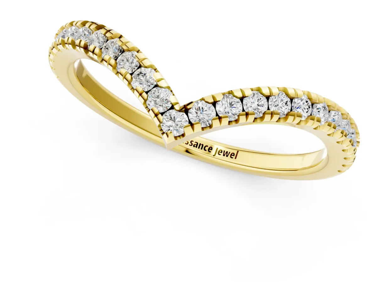 Pavé Round Diamond V-Shaped Chevron Band with Shared Prong Setting Yellow gold