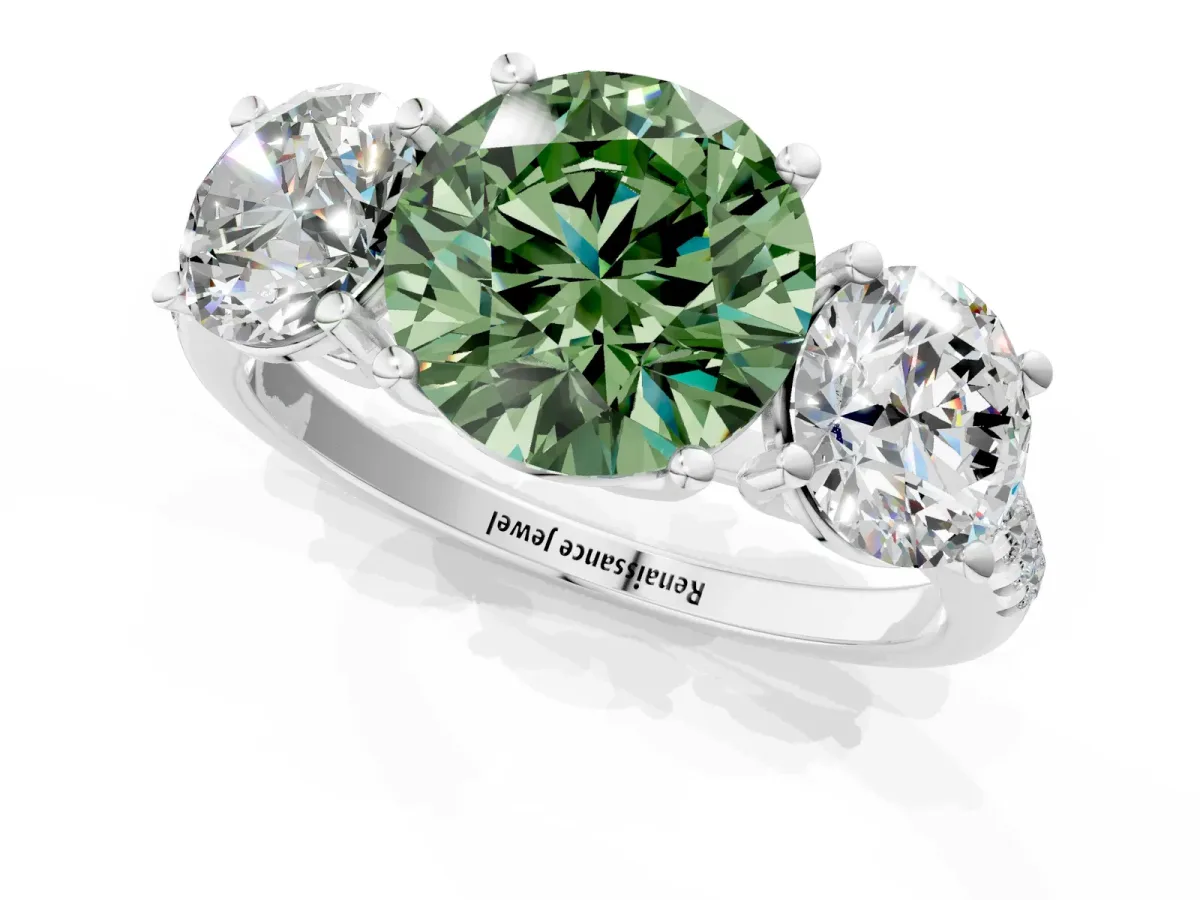 Fancy Green Three-Stone Round Cut Diamond Ring with Round Pavé Band and Prong Setting Silver