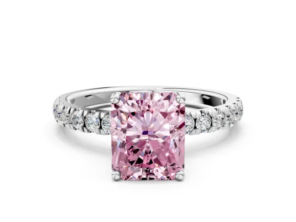 Fancy Pink Radiant Cut Diamond Pave Band Solitaire Ring with Round and Prong Setting Platinum