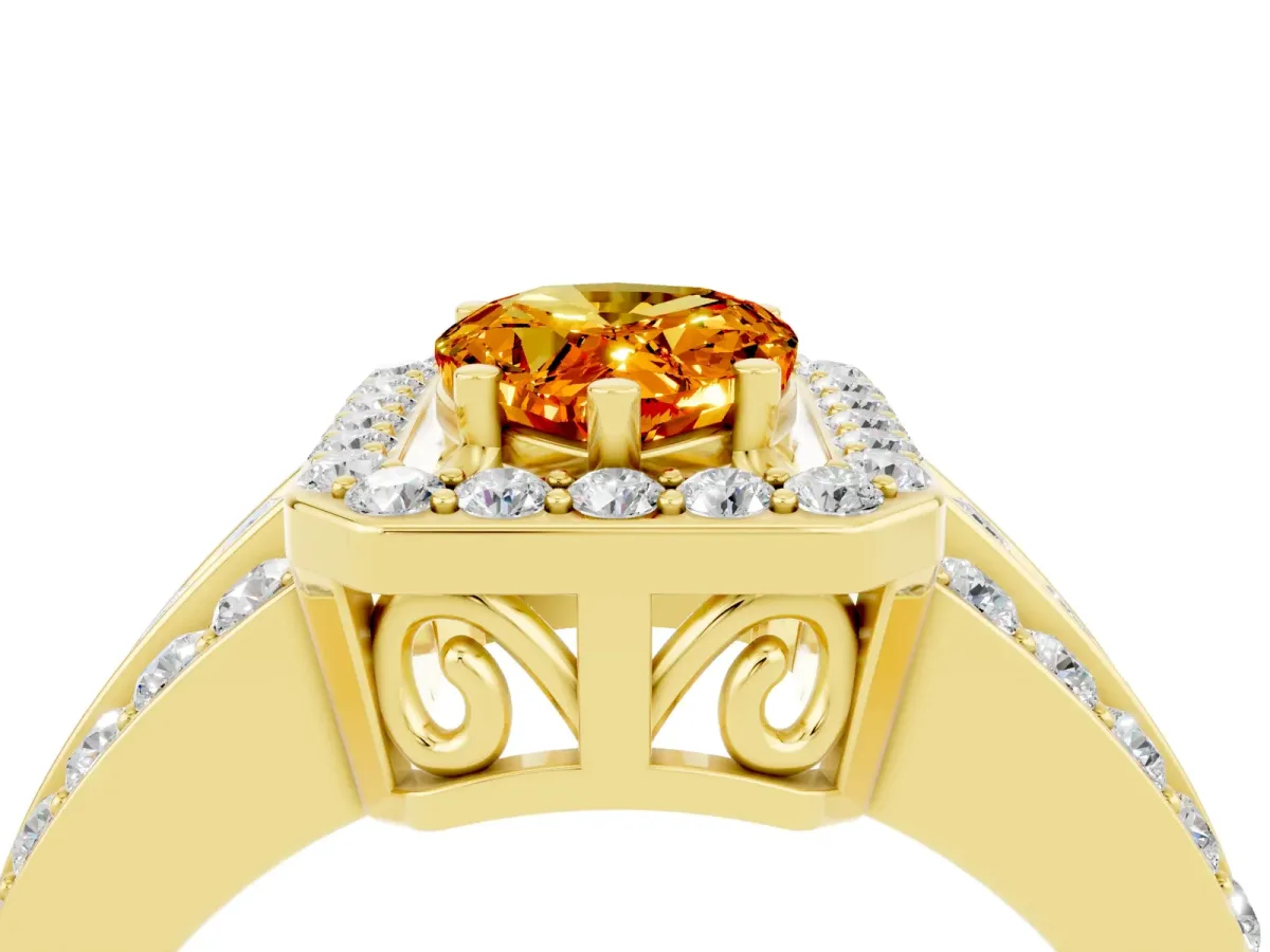 Pear Cut Halo Citrine Ring with Round Split Shank and Prong Setting Yellow gold