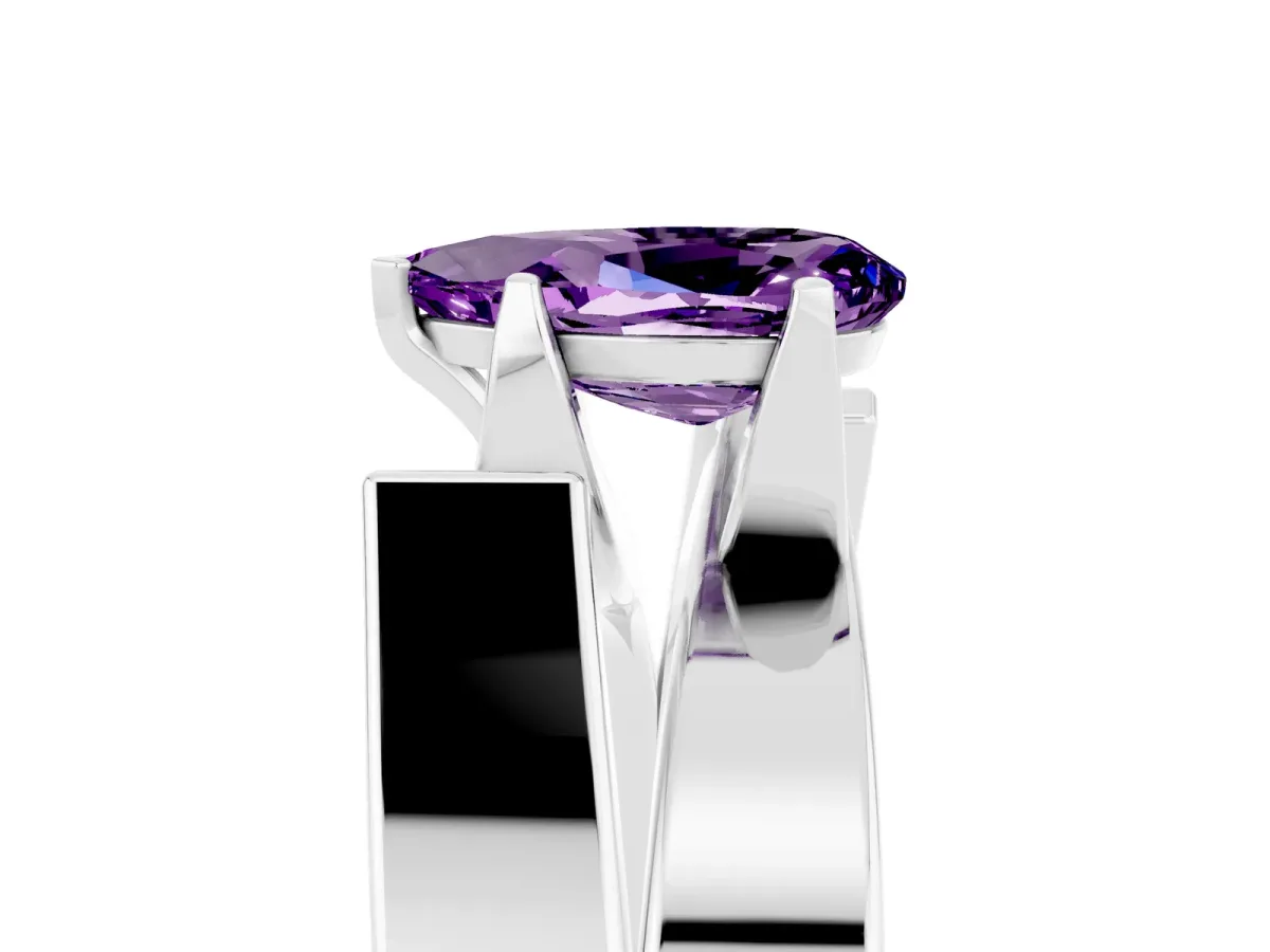 Modern Tension Set Pear Cut Amethyst Solitaire Wide Band Ring Silver