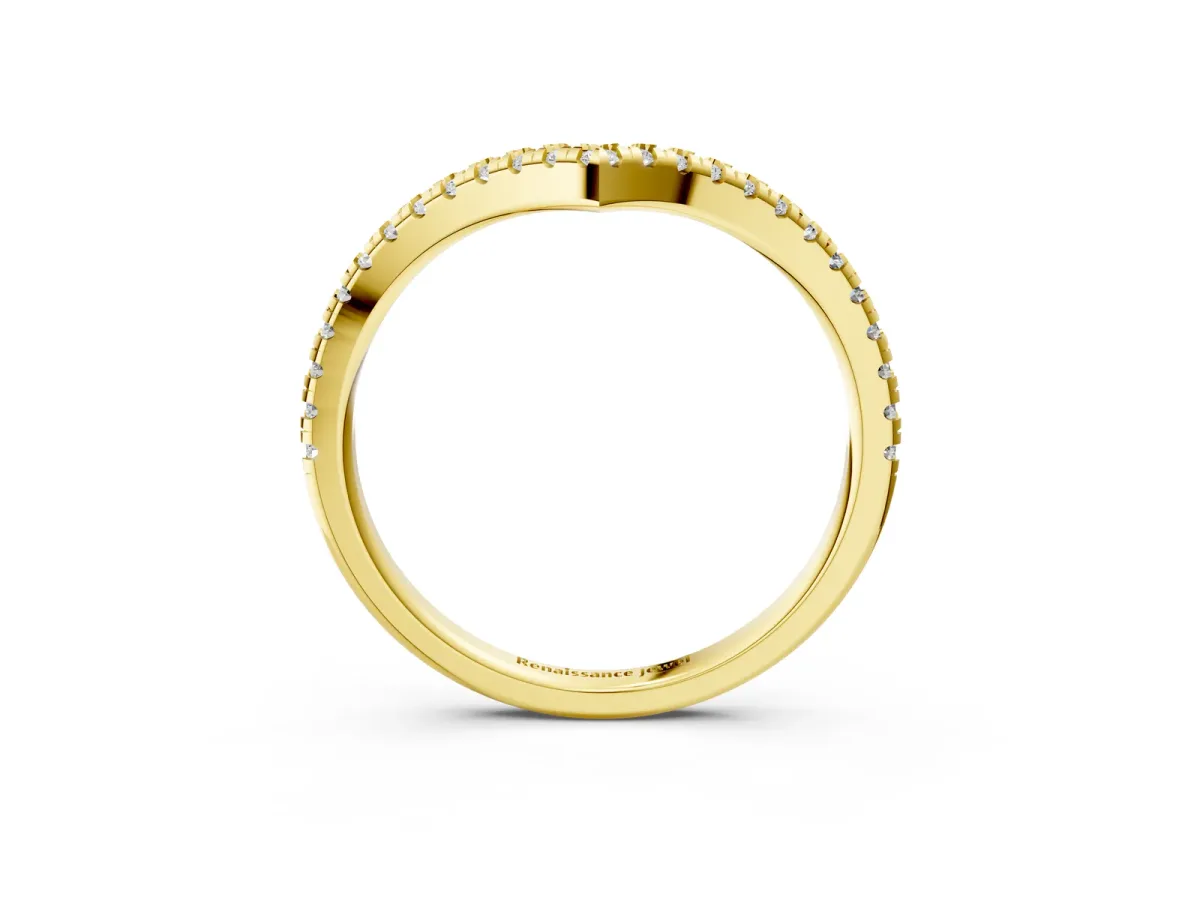 Pavé Round Diamond V-Shaped Chevron Band with Shared Prong Setting Yellow gold