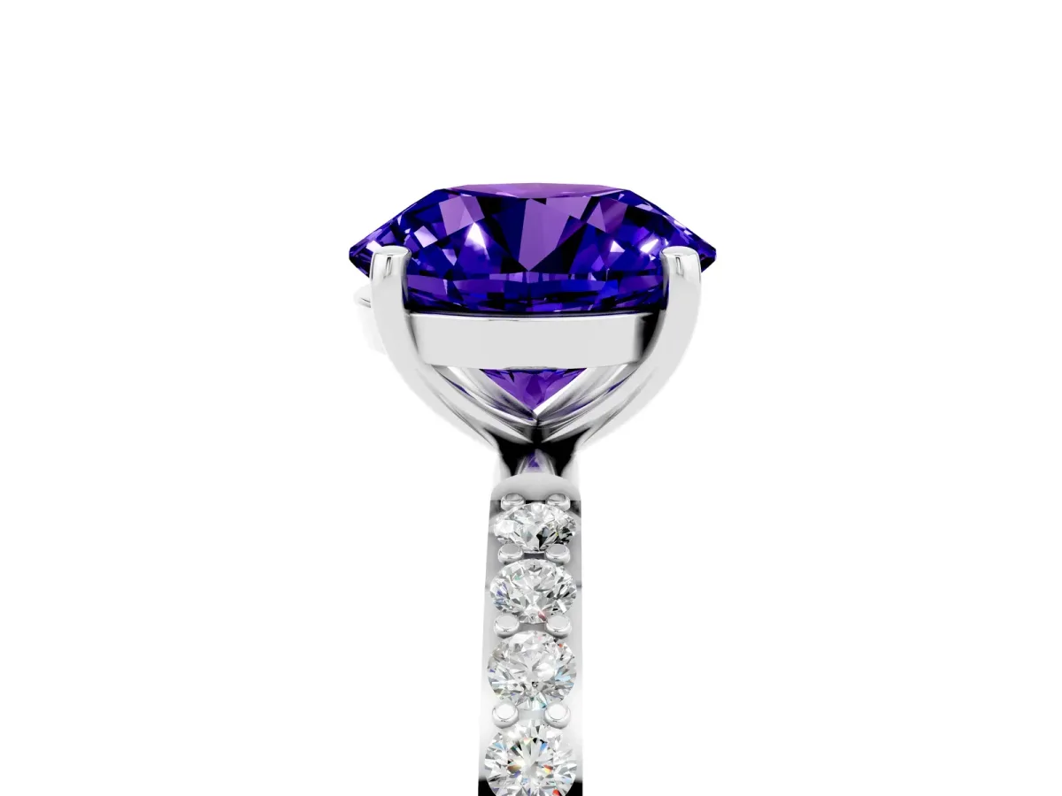 Round Cut Tanzanite Solitaire Ring with Round Pavé Band and Prong Setting Silver