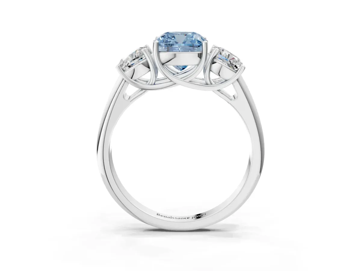 Fancy Blue Three-Stone Cushion Cut Diamond Engagement Ring with Prong Setting White gold