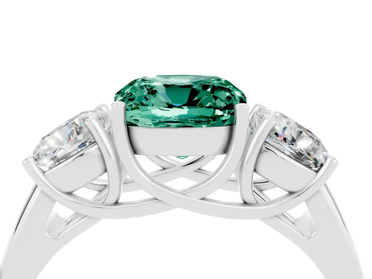 Three-Stone Cushion Cut Green Sapphire Engagement Ring with Prong Setting White gold