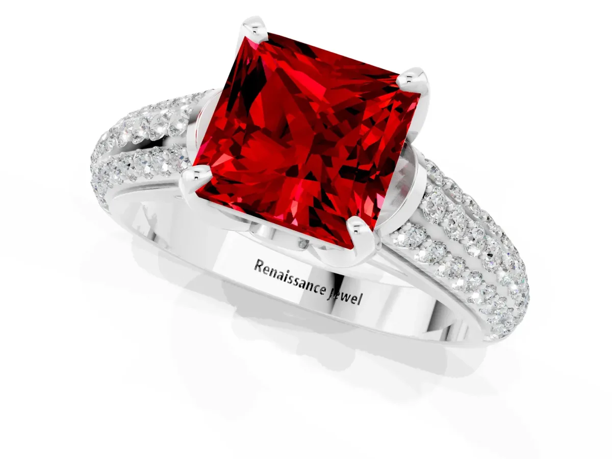 Princess Cut Ruby Solitaire Ring with Three-Row Pavé Band and Four-Prong Setting Platinum