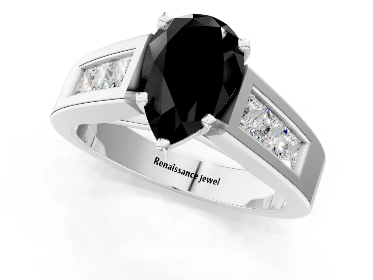 Fancy Black Pear Cut Cut Channel Set Solitaire Ring with Four-Prong Setting Silver