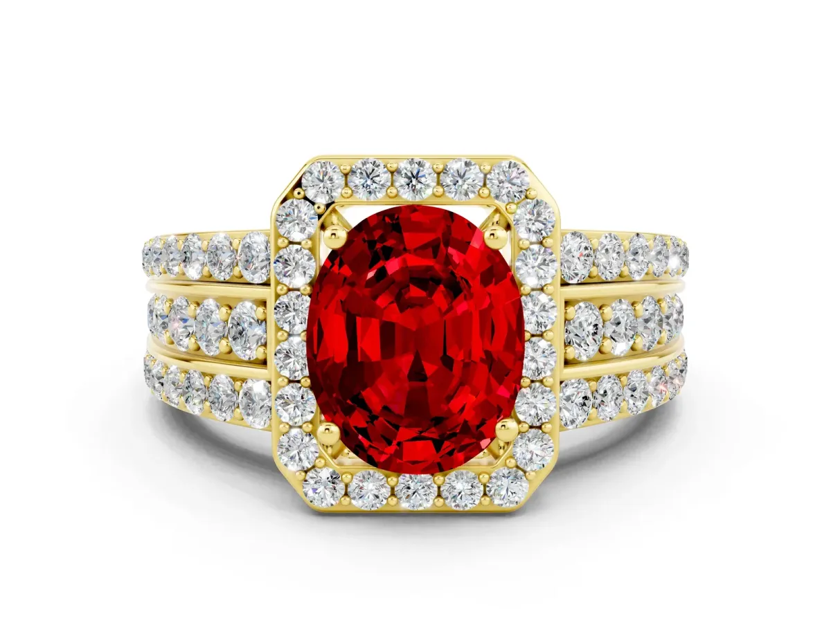 Oval Cut Halo Ruby Ring with Round Split Shank and Prong Setting Yellow gold
