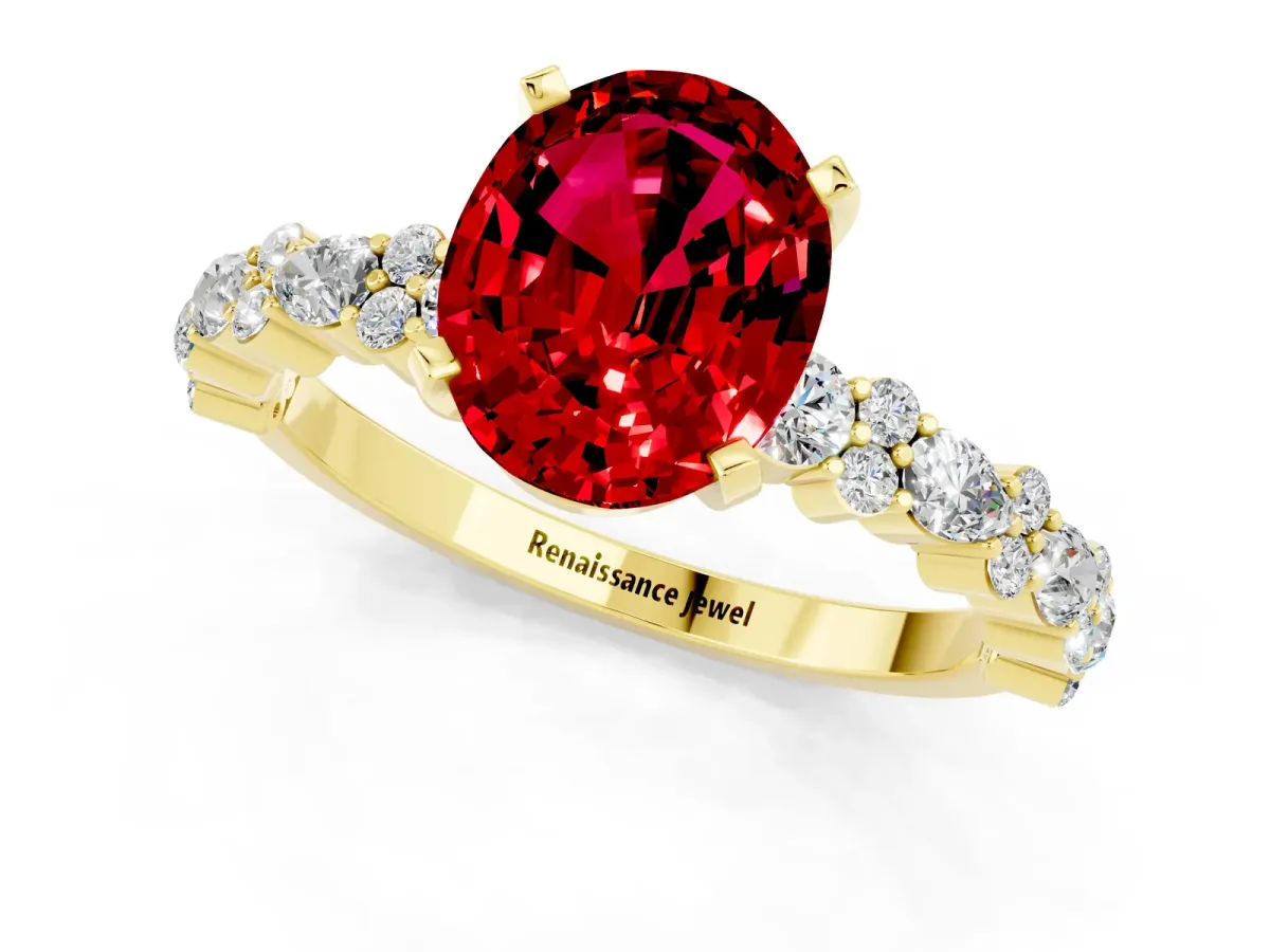 Oval Cut Ruby Side Stone Solitaire Ring with Round and Four-Prong Setting Yellow gold