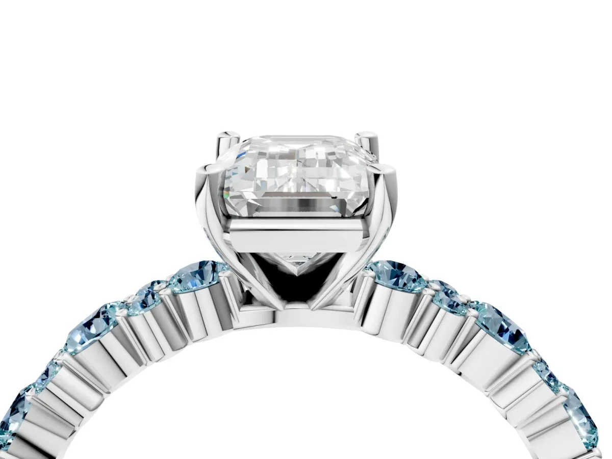 Emerald Cut Diamond Side Stone Solitaire Ring with Round Aquamarine and Four-Prong Setting Silver