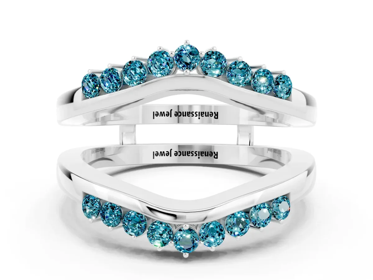 Round Blue Topaz Chevron Contour Band with Prong Setting Silver