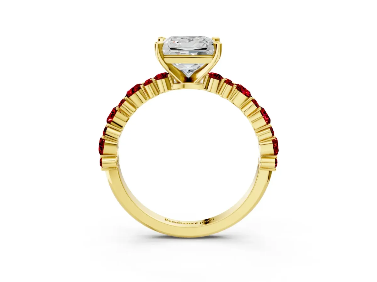 Princess Cut Diamond Side Stone Solitaire Ring with Round Ruby and Four-Prong Setting Yellow gold