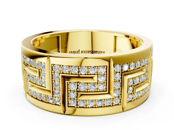 Round Diamond Pavé Greek Key Mens Band Yellow gold