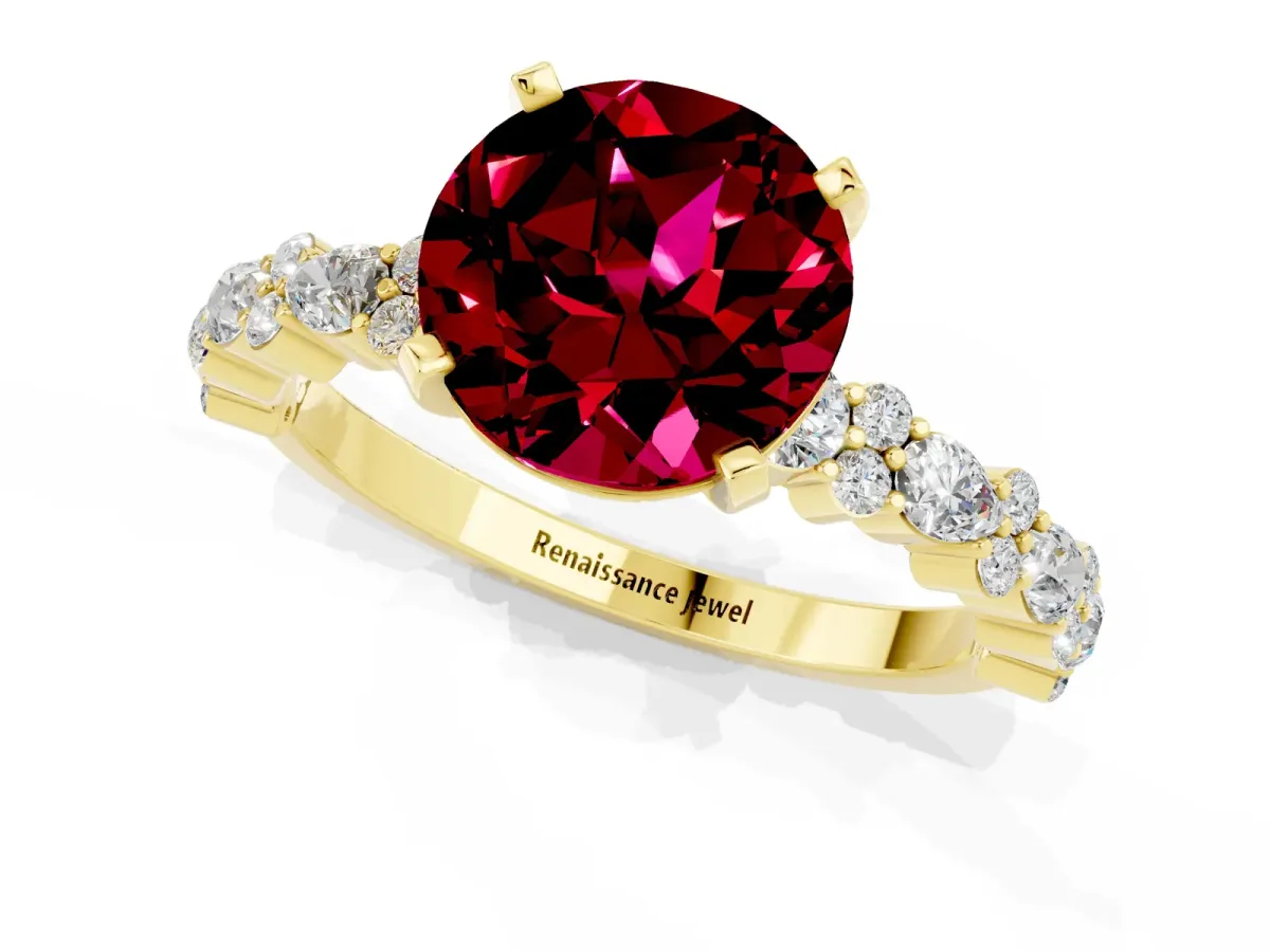 Round Cut Garnet Side Stone Solitaire Ring with Round and Four-Prong Setting Yellow gold