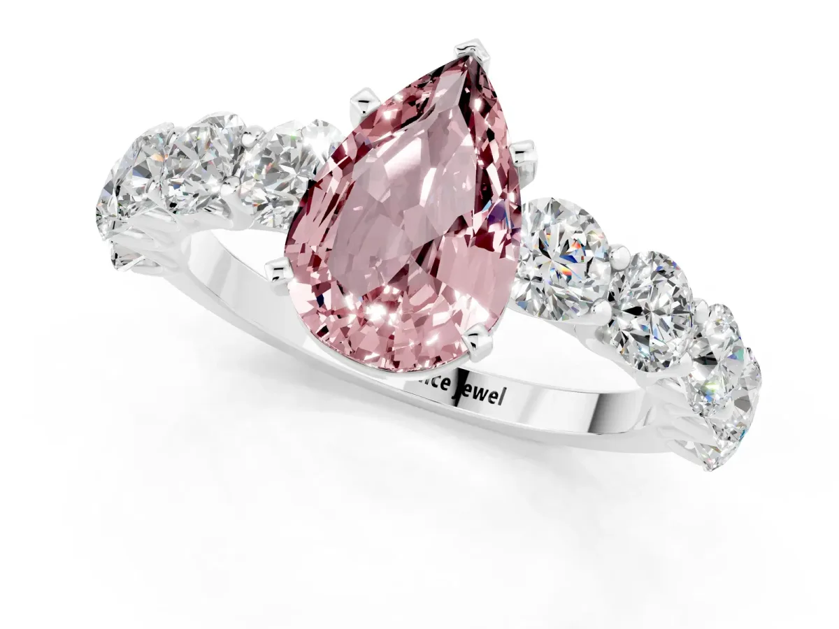 Pear Cut Morganite Prong Setting with Side Stones on a Pave Band Silver