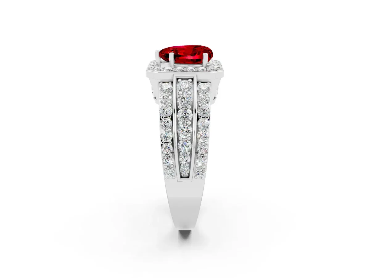 Heart Cut Halo Ruby Ring with Round Split Shank and Prong Setting Silver