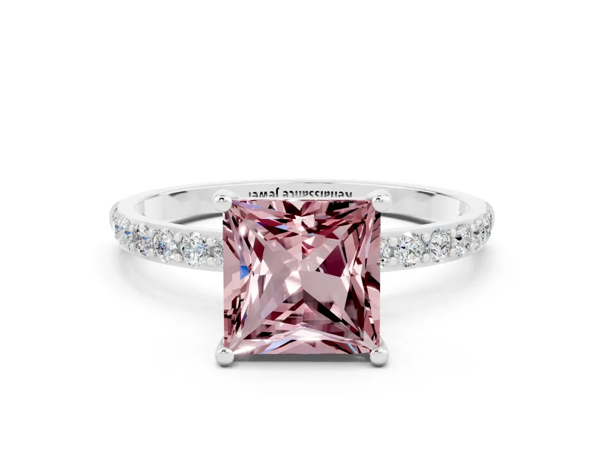 Princess Cut Morganite Solitaire Ring with Round Pavé Band and Prong Setting Silver