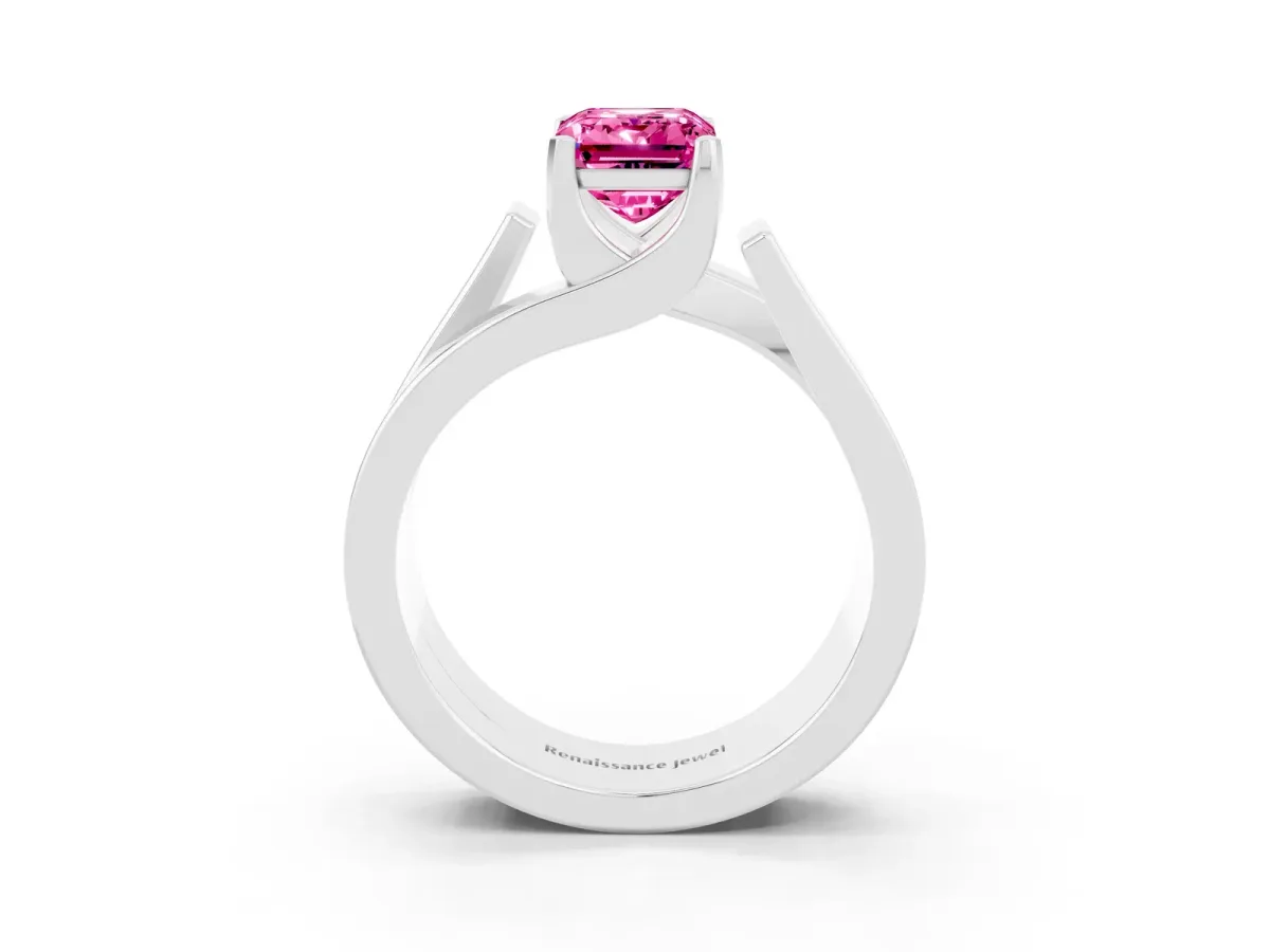 Modern Tension Set Emerald Cut Pink Sapphire Solitaire Wide Band Ring Silver