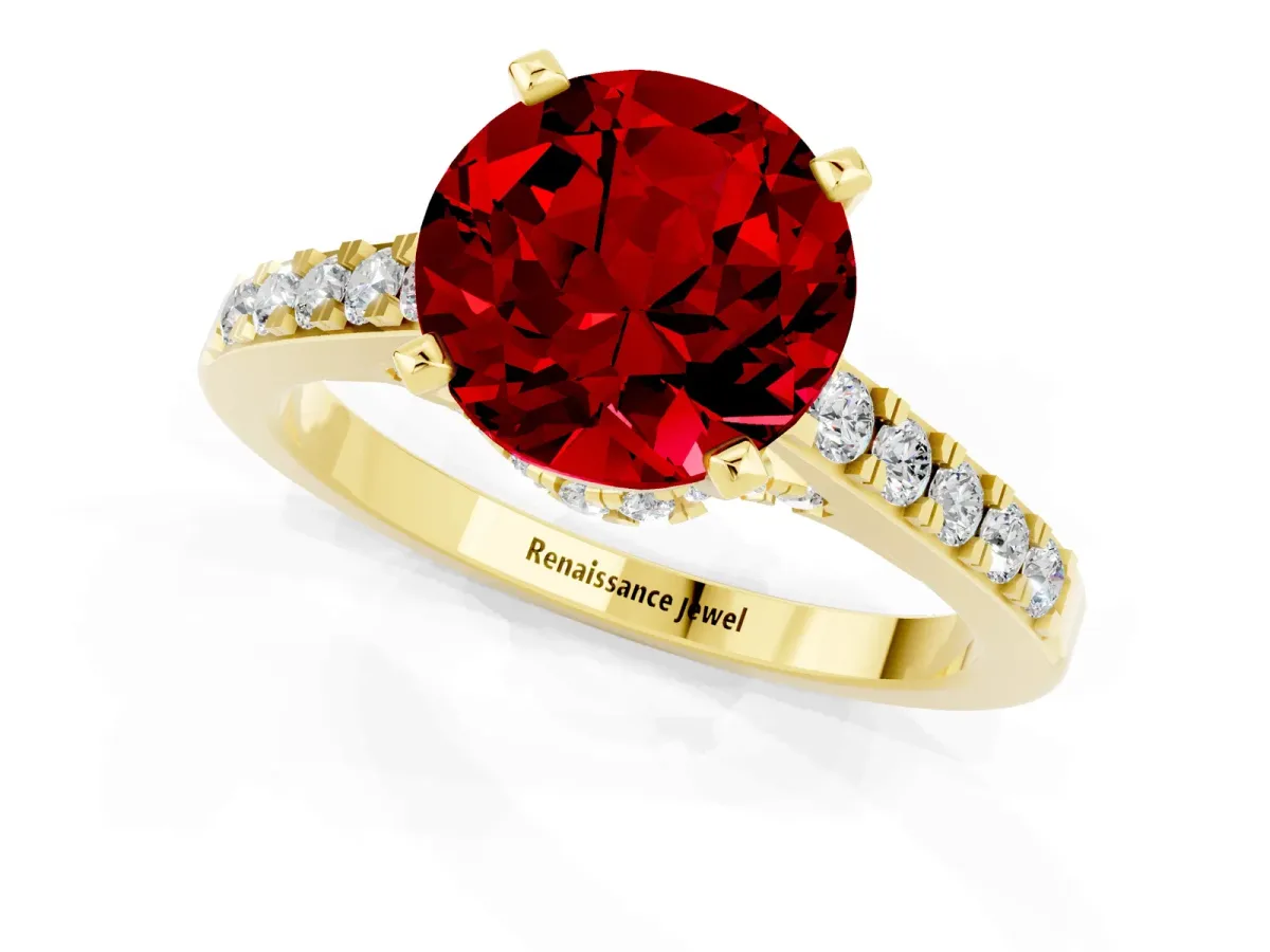 Round Cut Ruby Solitaire Ring with Crossover Gallery and Round Pavé Band Yellow gold