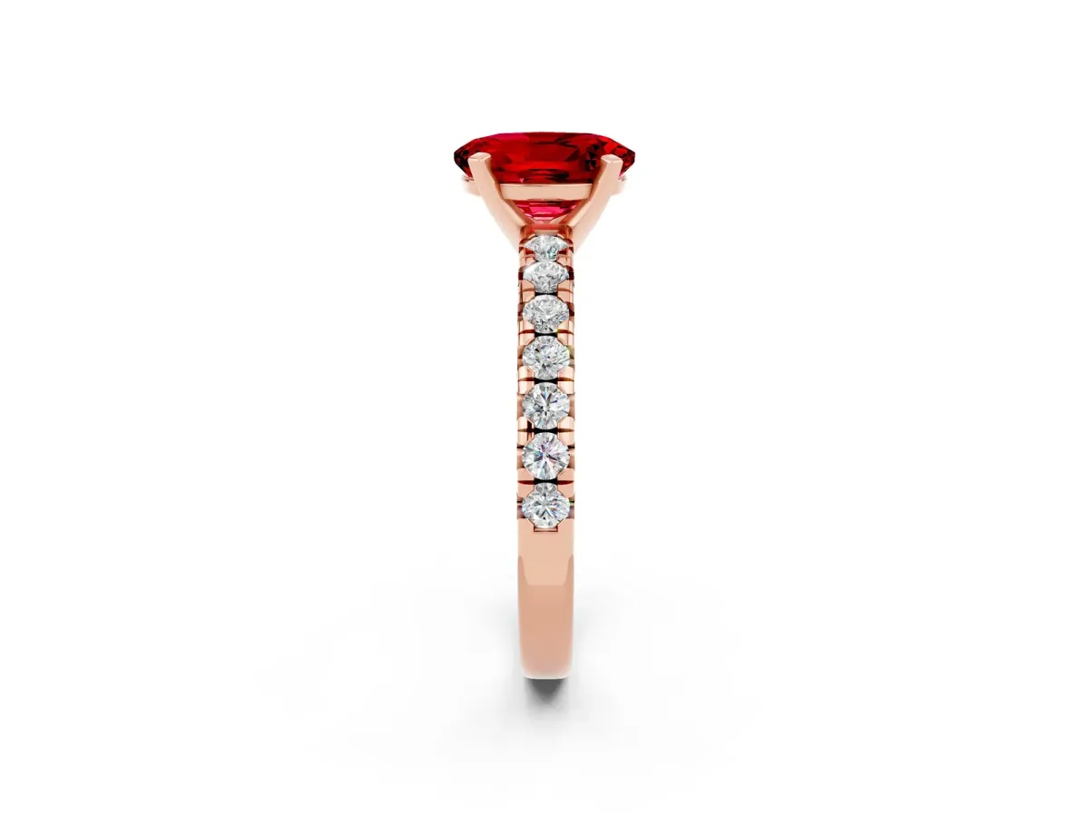 Oval Cut Ruby Solitaire Pavé Engagement Ring with Round Band and Prong Setting Rose gold