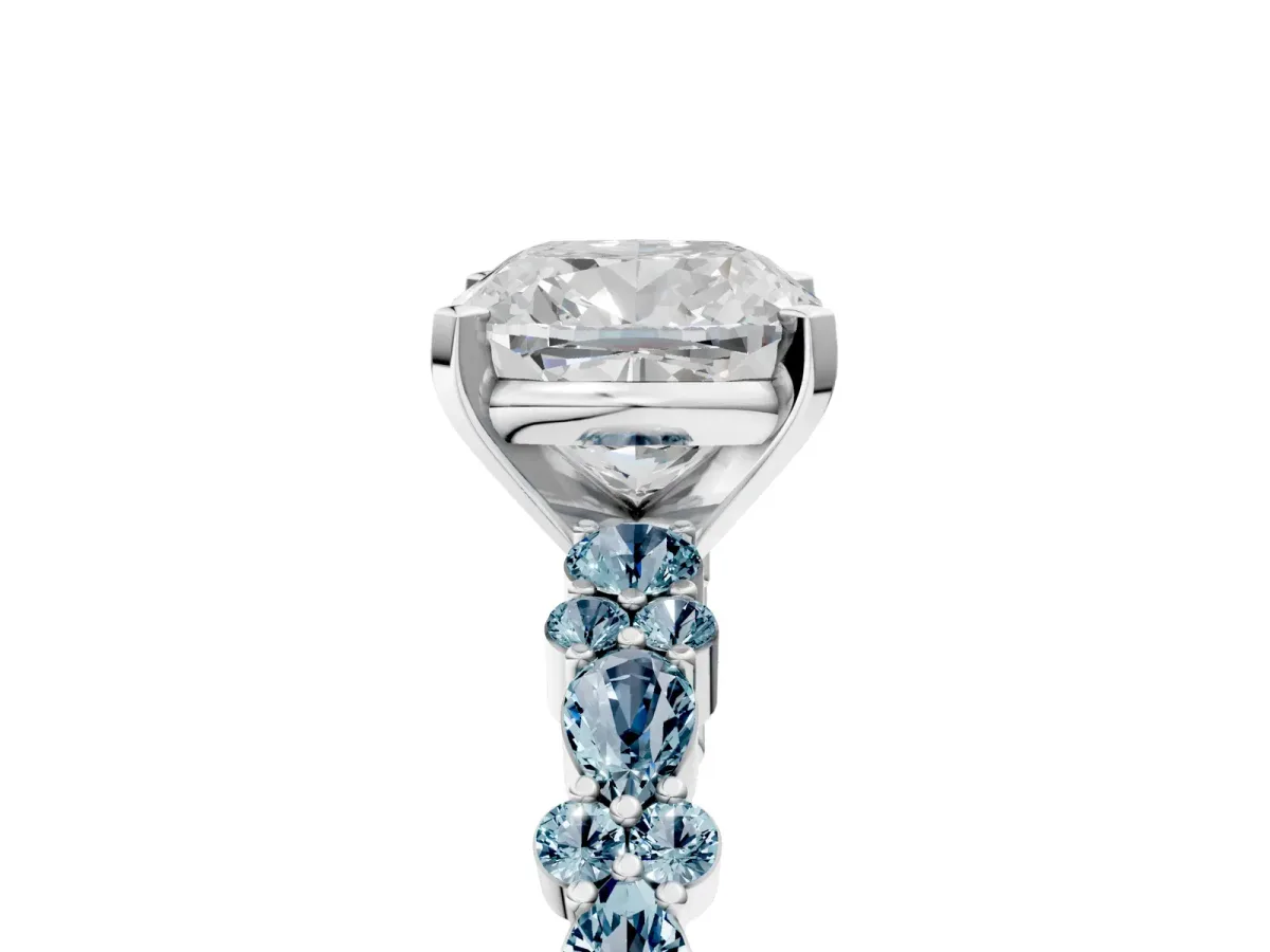 Cushion Cut Diamond Side Stone Solitaire Ring with Round Aquamarine and Four-Prong Setting Silver