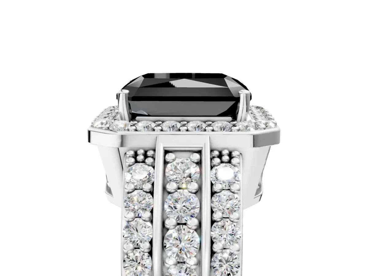 Fancy Black Radiant Cut Halo Diamond Ring with Round Split Shank and Prong Setting Silver