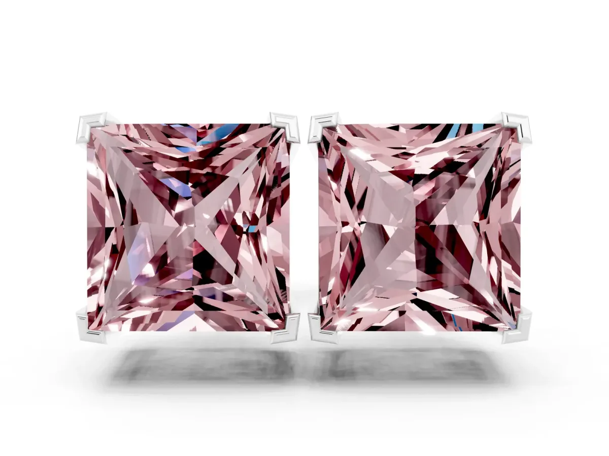 Princess Cut Morganite Stud Earrings Silver